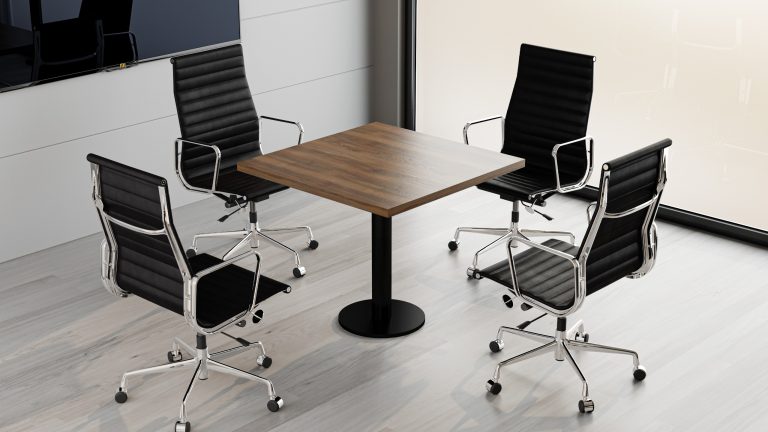 Square conference table in dark color.